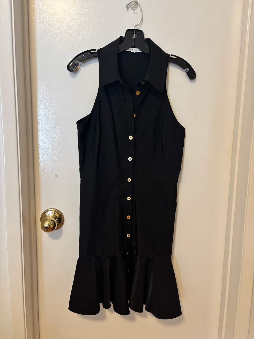 Veronica Beard Black Sleeveless Button-Front Midi Dress with Ruffle Hem